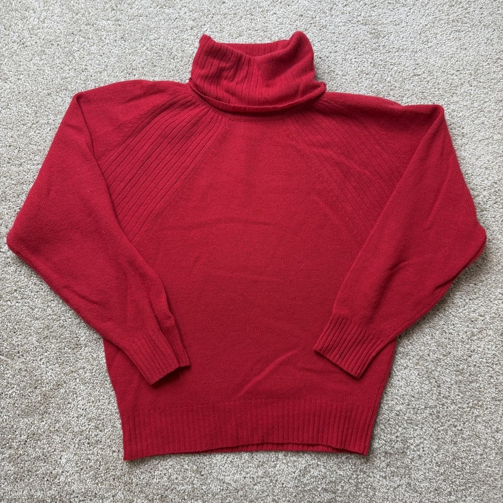 Vintage Nell Flowers Sweater Womens Large Red Turtleneck Dolman Tight-Knit Wool